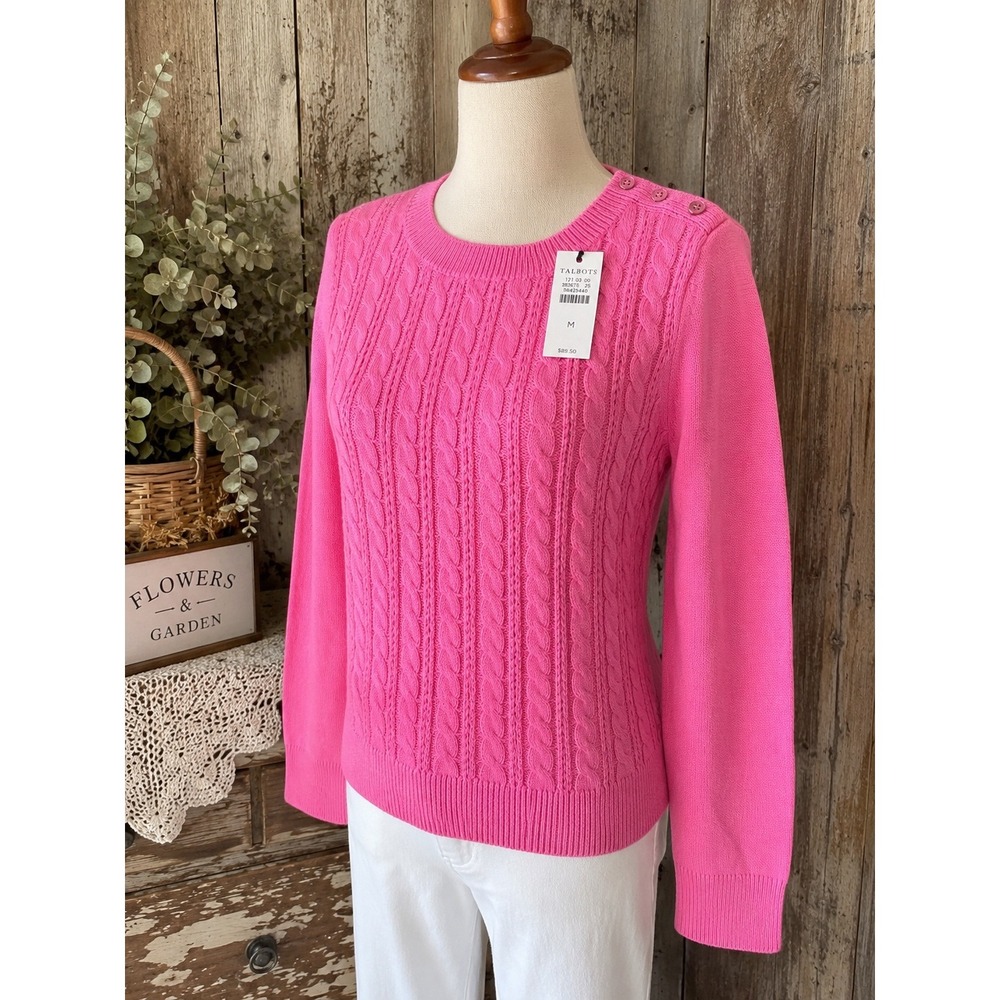 NWT Talbots Women's M Pink Cable Knit Sweater Crewneck Button Shoulder $89.50